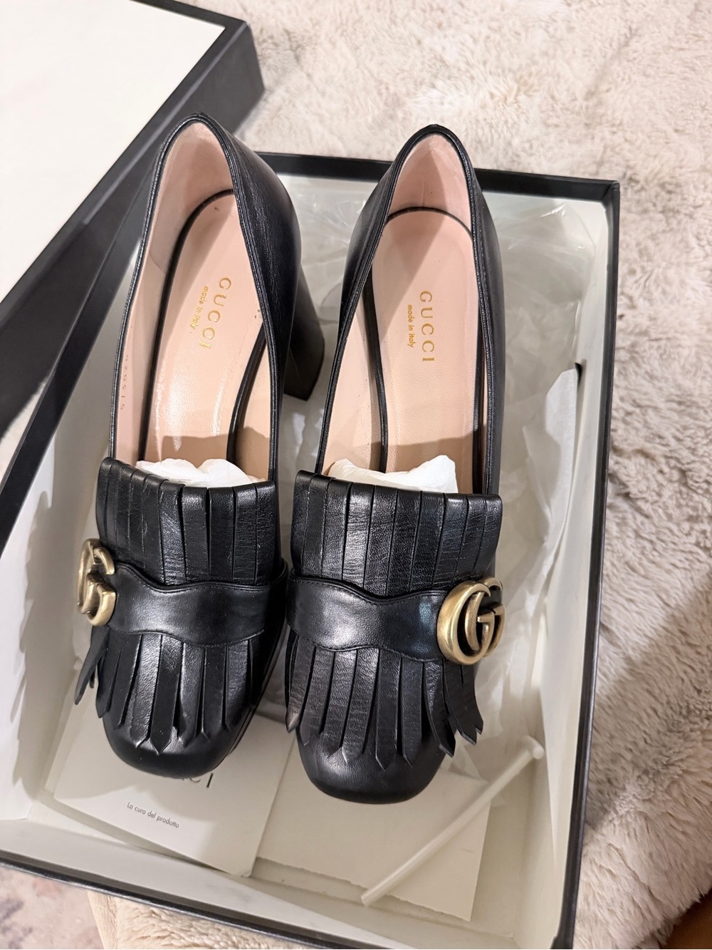 Gucci Black Leather Fringe Block Heel Pumps with Gold GG